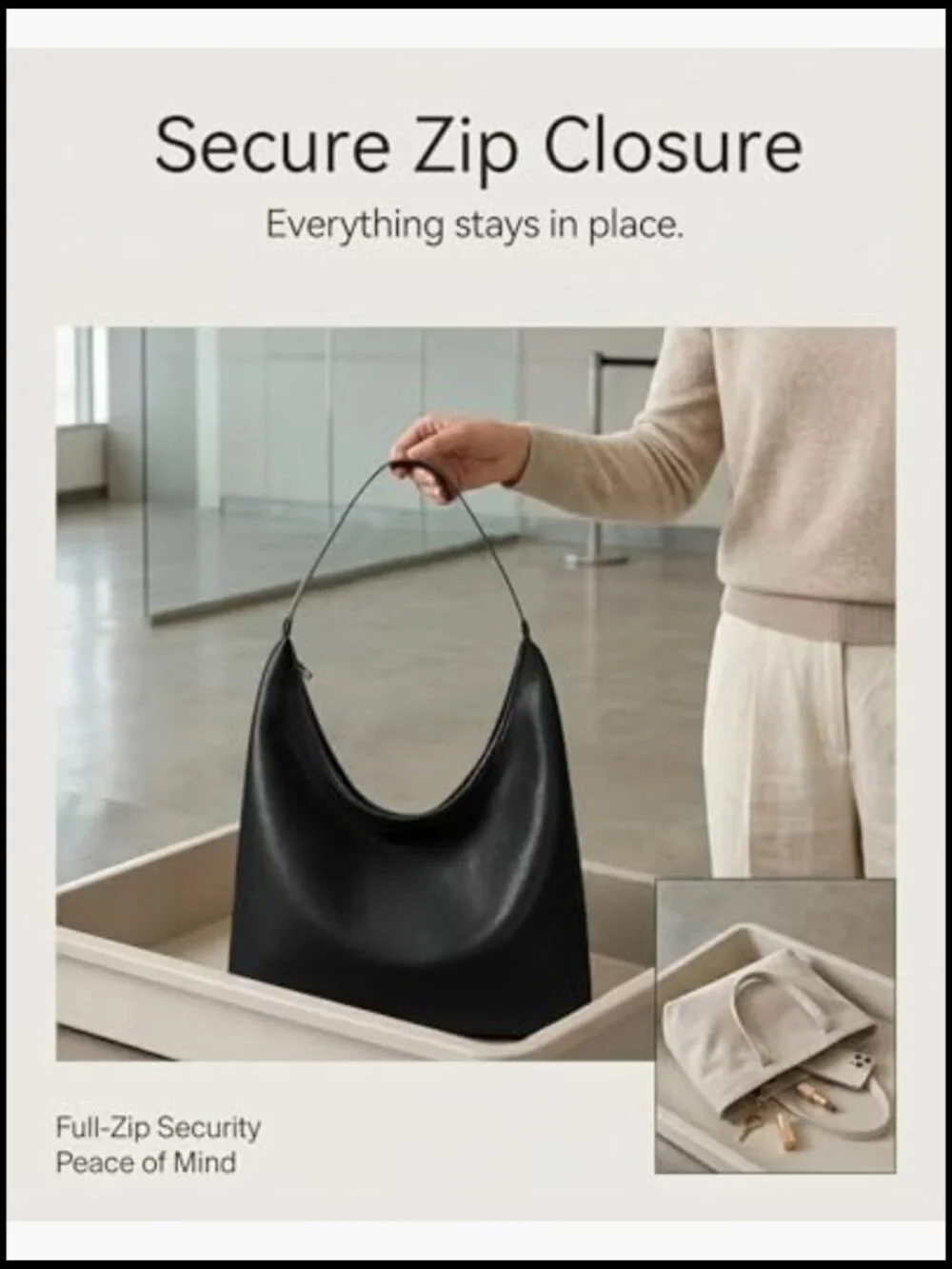 Large Full-Zip Hobo Tote Vegan Leather Slouchy Shoulder Work Bag Center Divider